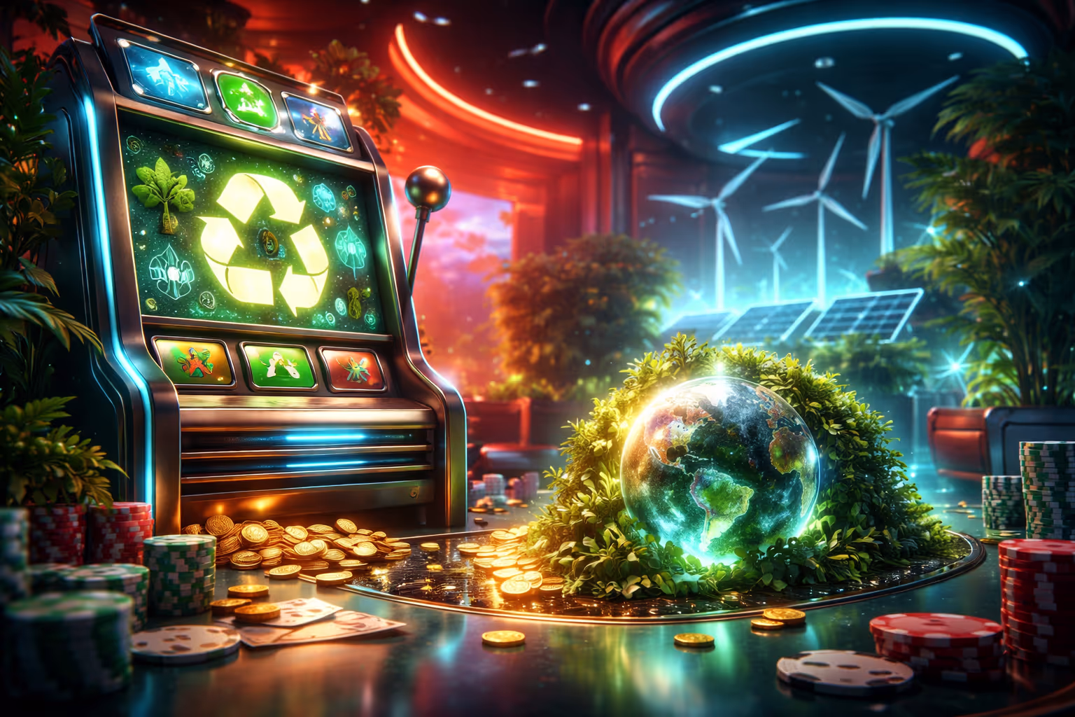 Green Earth integrated with glowing casino elements and renewable energy icons